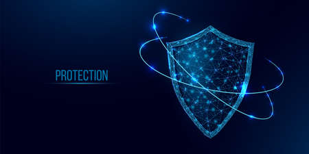 Guard shield. Cyber security concept with glowing low poly shield on dark blue background. Wireframe...