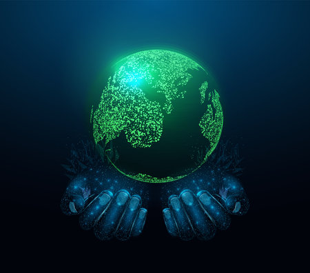 Two human hands are holds Planet Earth. Earth Day, Protection environmental, Ecology concept. Futuristic modern abstract background. Vector illustration.のイラスト素材