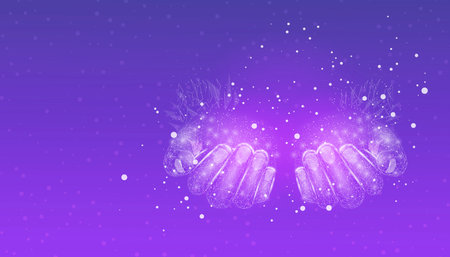 Two human hands. Wireframe glowing low poly hands. Design on dark blue background. Abstract futuristic vector illustrationのイラスト素材