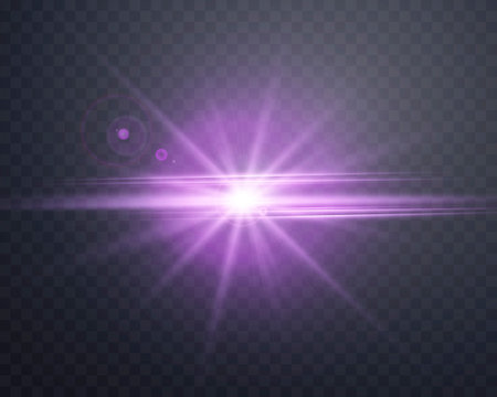 Purple sunlight lens flare, sun flash with rays and spotlight. Glowing burst explosion on a transparent background.のイラスト素材