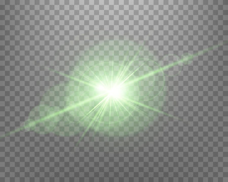 Green sunlight lens flare, sun flash with rays and spotlight. Glowing burst explosion on a transparent background. Vector illustration.のイラスト素材