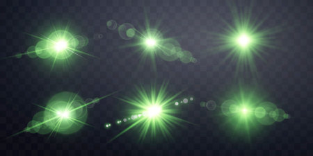Green lens flares set. Isolated on transparent background. Sun flash with rays spotlight and bokeh. Green glow flare light effect. Vector illustration.のイラスト素材