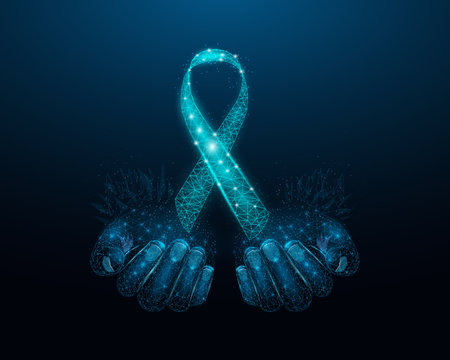 Two human hands are holds teal ribbon awareness. Wireframe glowing low poly. Isolated on black background. Vector illustration.のイラスト素材