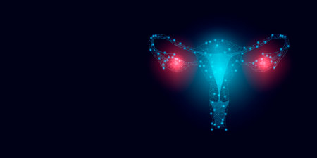 World ovarian cancer awareness day concept. Banner template with text and glowing low poly uterus and ovarian. Modern abstract dark background. Vector illustration.のイラスト素材