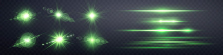 Green lens flares set. Isolated on transparent background. Sun flash with rays or spotlight and bokeh. Glow flare light effect. Vector illustrationのイラスト素材