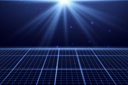Wireframe perspective grid. Space neon infinity mesh, abstract retro background. Vector illustration.のイラスト素材