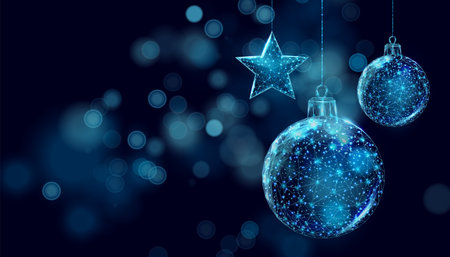 Wireframe Christmas balls, low poly style. Merry Christmas and New Year banner. Abstract modern 3d vector illustration on blue background.のイラスト素材