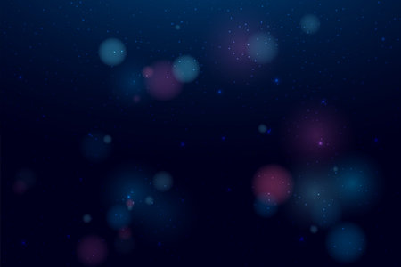Blurred bokeh light on dark blue background. Defocused blinking stars and sparks. Abstract vector illustration.のイラスト素材