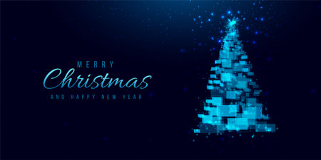 Christmas tree made of geometric shapes, lights and sparkles. Cyber Christmas or Happy New Year concept. Vector tech backgroundのイラスト素材