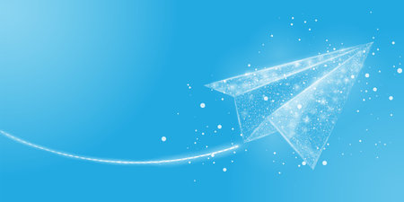 Polygonal paper plane. Business startup, innovation, growth, travel, way forward freedom concept. Wireframe low poly plane. Vector illustration.のイラスト素材