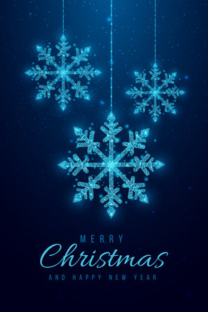 Merry Christmas low poly banner. Polygonal wireframe mesh illustration with hanging snowflakes. Abstract modern vector illustration on dark blue backgroundのイラスト素材