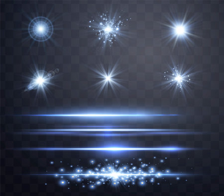 Blue lensflares set. Light flash with rays or blue spotlight. Glow flare light effect. Vector illustration. Isolated on dark transparent backgroundのイラスト素材