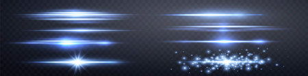 Blue lensflares set. Light flash with rays or blue spotlight. Glow flare light effect. Vector illustration. Isolated on dark transparent backgroundのイラスト素材