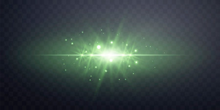 Green horizontal lensflare. Light flash with rays or green spotlight. Glow flare light effect. Vector illustration. Isolated on dark transparent backgroundのイラスト素材