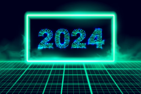 Happy new year 2024 greeting card, numbers from a polygonal wireframe mesh with glowing neon frame. Abstract background. Vector illustrationのイラスト素材