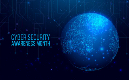 National Cyber Security Awareness Month. Cyber security, world protection concept with globe map. Futuristic abstract vector illustrationのイラスト素材