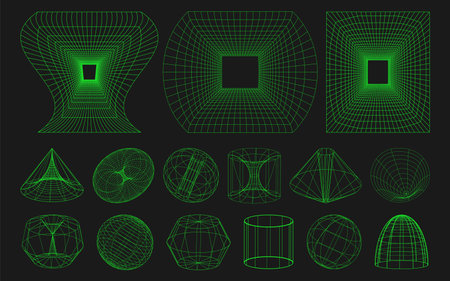 Cyber distorted shapes, retro punk design elements. Wireframe wave geometry on black background. Trendy psychedelic vector elementsのイラスト素材