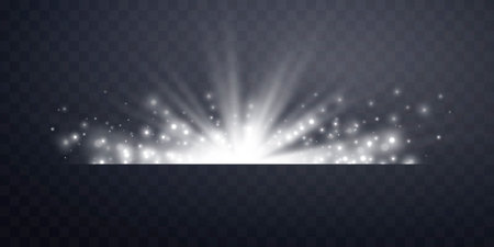 Silver horizontal lensflare. Light flash with rays or spotlight and bokeh. Silver glow flare light effect. Vector illustration. Isolated on dark transparent backgroundのイラスト素材