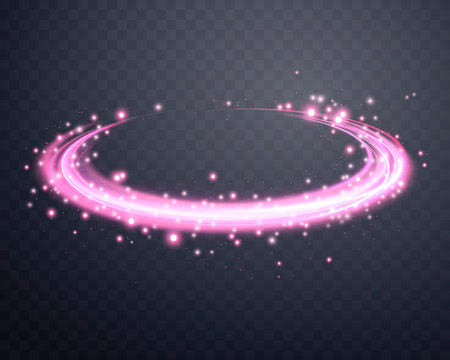 Glowing pink magic rings. Dynamic orbital flare halo ring. Neon realistic energy swoosh swirl. Abstract light effect on a dark transparent background. Vector illustration.のイラスト素材