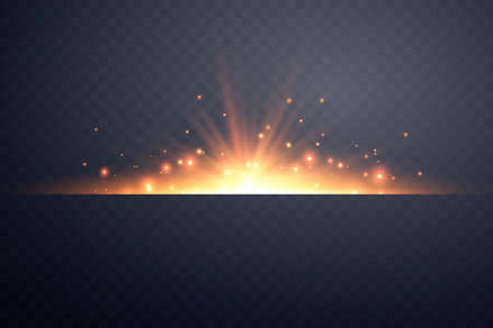 Orange horizontal lensflare. Light flash with rays or spotlight and bokeh. Orange glow flare light effect. Vector illustration. Isolated on dark transparent backgroundのイラスト素材