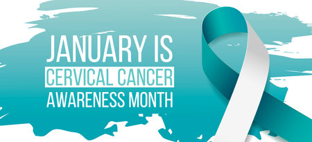 Cervical cancer awareness month banner with teal and white ribbon awareness and text. Vector illustrationのイラスト素材