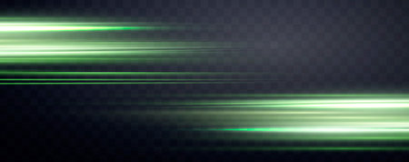Speed rays, velocity light neon flow, zoom in motion effect, green glow speed lines, colorful light trails, stripes. Abstract background, vector illustrationのイラスト素材