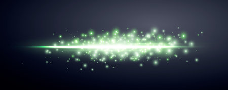 Green horizontal lensflare. Light flash with rays or green glowing sparkles. Glow flare light effect. Vector illustration. Isolated on dark backgroundのイラスト素材