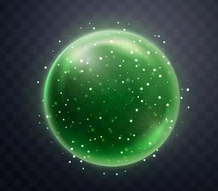 Green magic fantasy sphere. Crystal ball with glowing sparkles and particles. Energy orb with glow flare light effect. Isolated on transparent background. Vector illustrationのイラスト素材