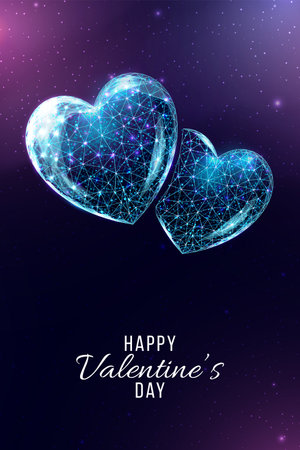 Happy Valentines day poster. Wireframe heart in low poly style. Abstract modern 3d vector illustration on dark blue backgroundのイラスト素材