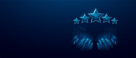 Two human hands hold a five star. Wireframe glowing low poly design on a blue background. Abstract futuristic vector illustration.のイラスト素材