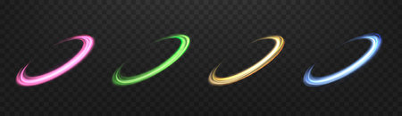 Glowing magic rings set. Neon realistic energy flare rings with sparkling particles. Abstract light effect on a dark transparent background. Vector illustration.のイラスト素材