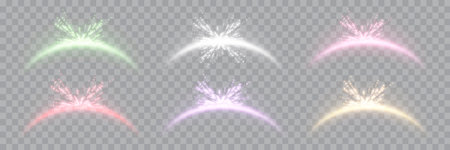 Magic arches different colors with glowing particles, sunlight lens flare. Neon realistic energy flare arch. Abstract light effect on a transparent background. Vector illustrationのイラスト素材