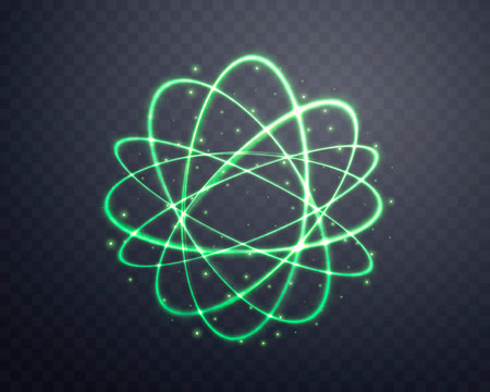 Atom particle, light effect glowing green magic rings. Neon realistic energy swirl. Abstract light effect on a dark transparent background. Vector illustrationのイラスト素材