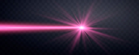 Pink horizontal laser beam. Neon line, presentation pointer. Pink glow flare light effect. Vector illustration. Isolated on dark transparent backgroundのイラスト素材