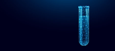 Test tube, glowing blue lowpoly wireframe glass flask on a dark background. Vector illustration design concept for medical industry and chemical laboratory.のイラスト素材