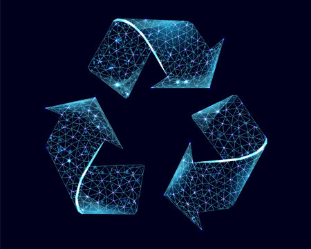 Recycling sign, glowing blue lowpoly wireframe on a dark background. Vector illustration design concept of Environment day.のイラスト素材