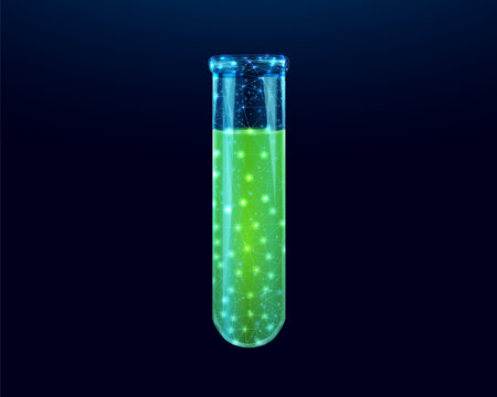 Test tube, glowing green lowpoly wireframe glass flask on a dark background. Vector illustration design concept for medical industry and chemical laboratory.のイラスト素材