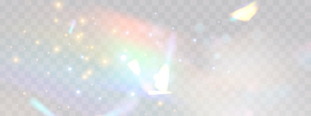 Blurred rainbow refraction overlay effect. Light lens prism effect on transparent background. Holographic reflection, crystal flare leak shadow overlay. Vector abstract illustration.のイラスト素材