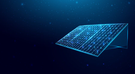 Solar battery, solar panel. Renewable alternative energy concept with glowing low poly panel on dark...