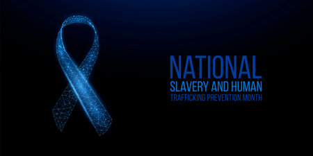 National slavery and human trafficking prevention month concept. Banner with blue ribbon awareness and text. Vector illustration.のイラスト素材