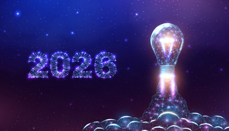 Futuristic light bulb, glowing polygon mesh. Abstract tech concept representing innovation, creative...