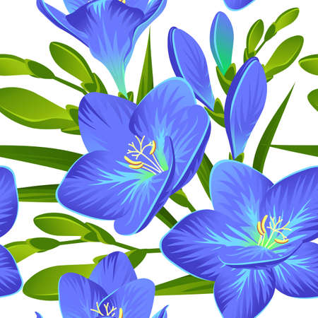 Seamless background with blooming blue freesia in vectorのイラスト素材