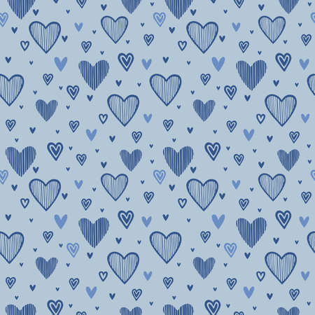 SEAMLESS BLUE BACKGROUND WITH DRAWN HEARTS IN VECTORのイラスト素材