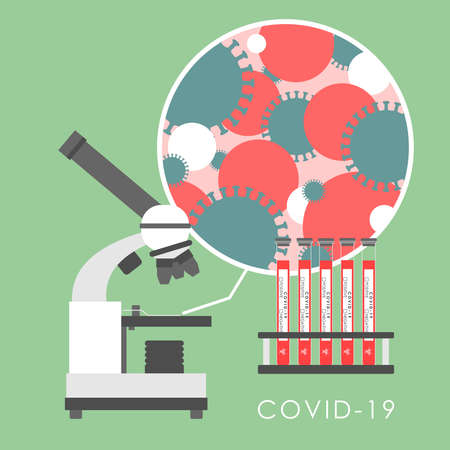 MICROSCOPE AND TEST TUBES WITH A TEST FOR CORONAVIRUS IN THE VECTORのイラスト素材