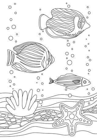 COLORING BOOK WITH EXOTIC FISH AND SEA STARS ON THE BOTTOM IN VECTORのイラスト素材