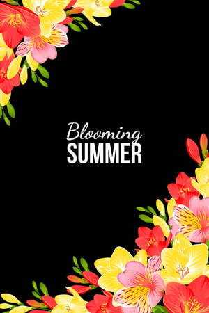 BLACK BANNER WITH FREESIA AND ALSTROEMERIA IN VECTORのイラスト素材