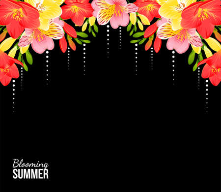BLACK BANNER WITH FREESIA AND ALSTROEMERIA IN VECTORのイラスト素材