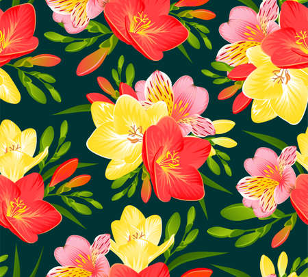 SEAMLESS PATTERN WITH FREESIA AND ALSTROEMERIA FLOWERS ON A DARK BACKGROUNDのイラスト素材