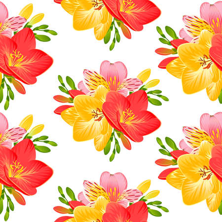 SEAMLESS PATTERN WITH FREESIA AND ALSTROEMERIA FLOWERS ON A WHITE BACKGROUNDのイラスト素材