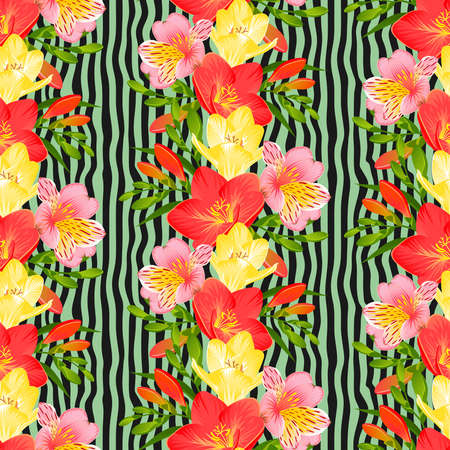 SEAMLESS PATTERN WITH FREESIA AND ALSTROEMERIA FLOWERS ON A STRIPED BACKGROUNDのイラスト素材